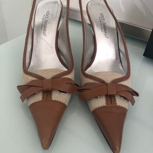 Dolce & Gabbana tan and beige suede sling heels.